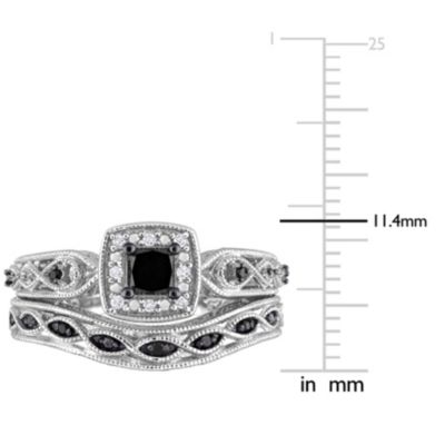 5/8 CT Black and White Diamond Princess-cut Halo Bridal Ring Set Sterling Silver