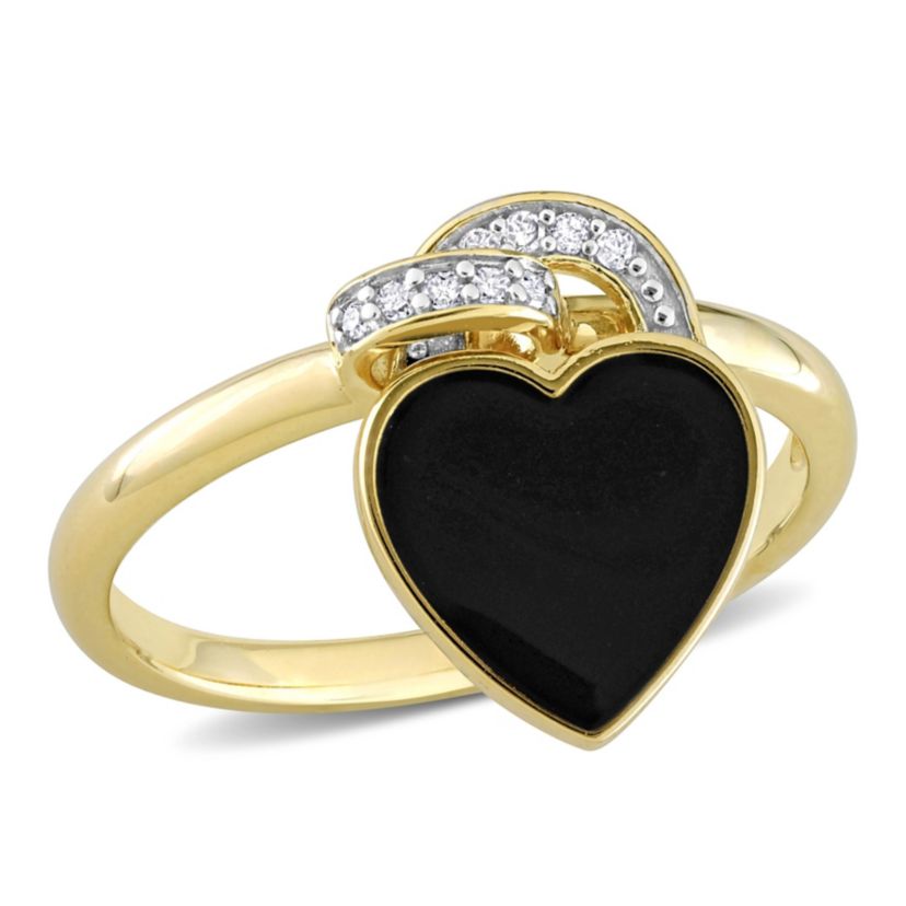 Diamond Accent Black Enamel Heart Ring in Yellow Plated Sterling Silver