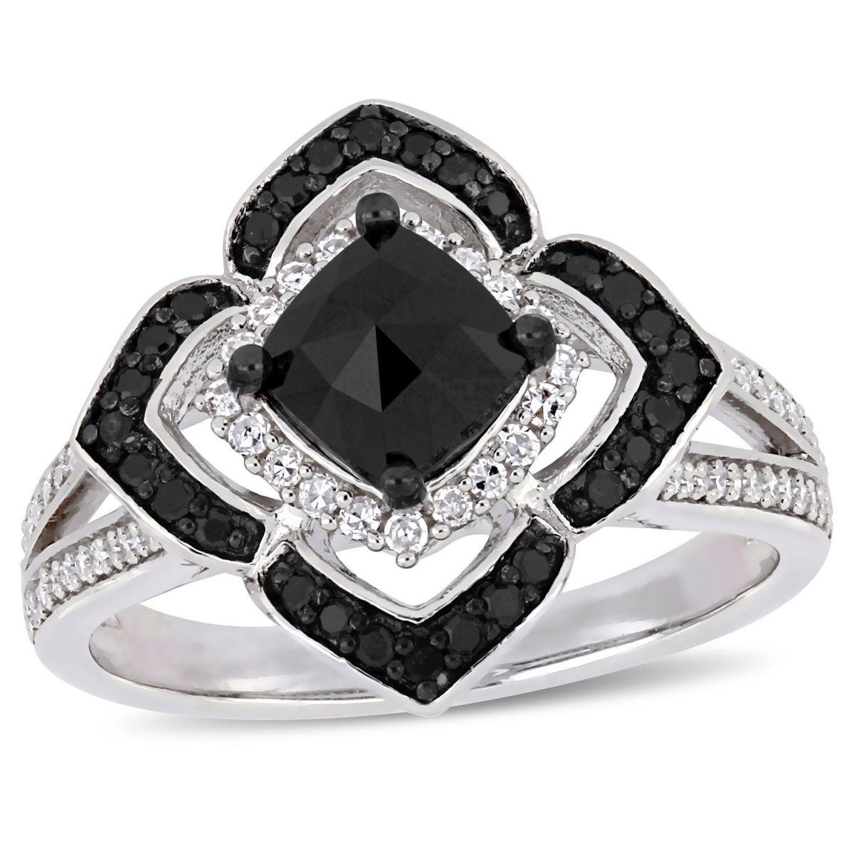1.4 CT TW Black and White Diamond Halo Ring in Sterling Silver with Black Rhodium Plated