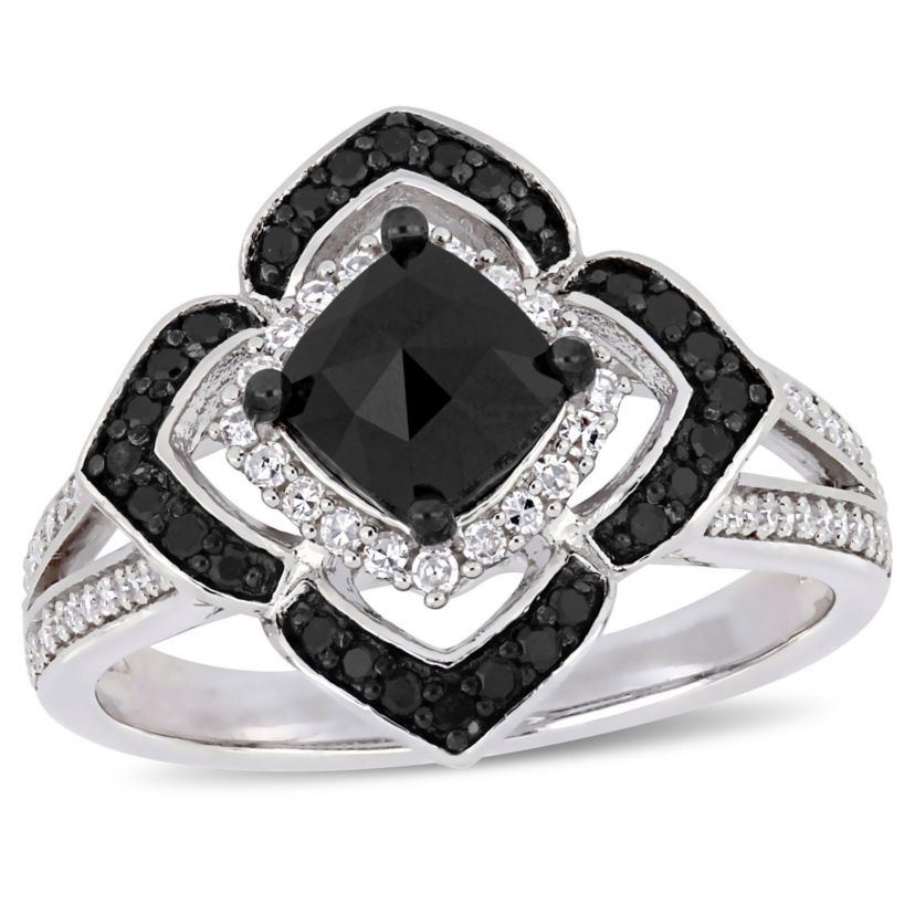 1.4 CT TW Black and White Diamond Halo Ring in Sterling Silver with Black Rhodium Plated