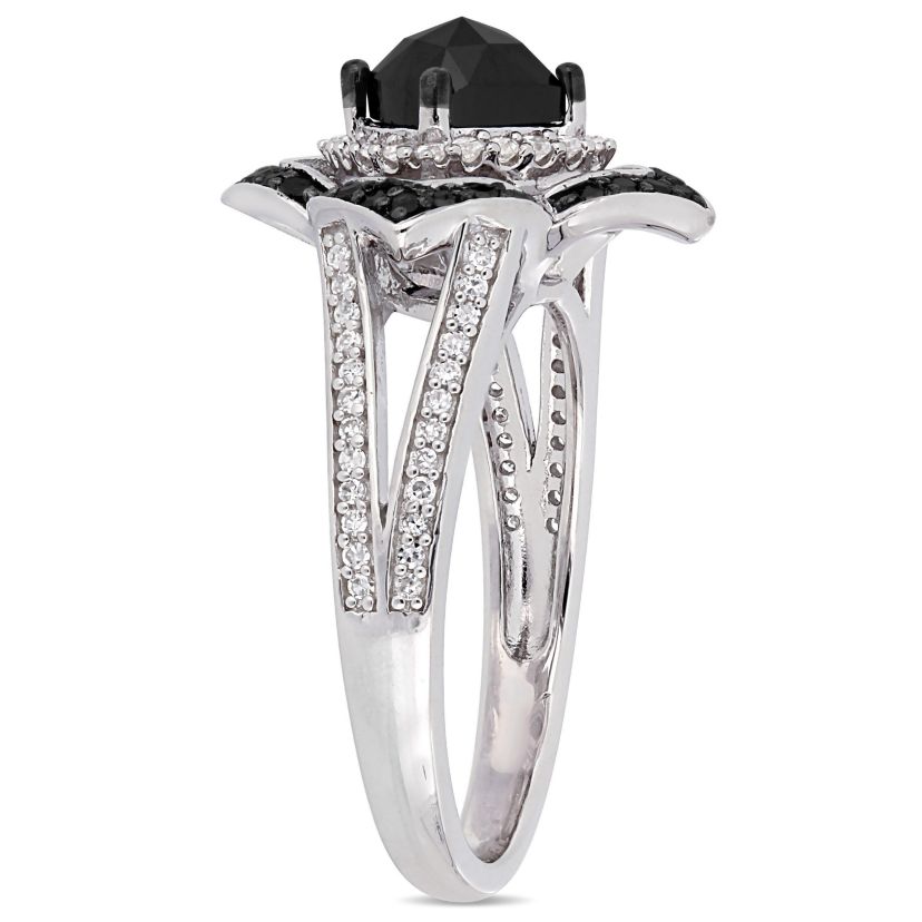 1.4 CT TW Black and White Diamond Halo Ring in Sterling Silver with Black Rhodium Plated