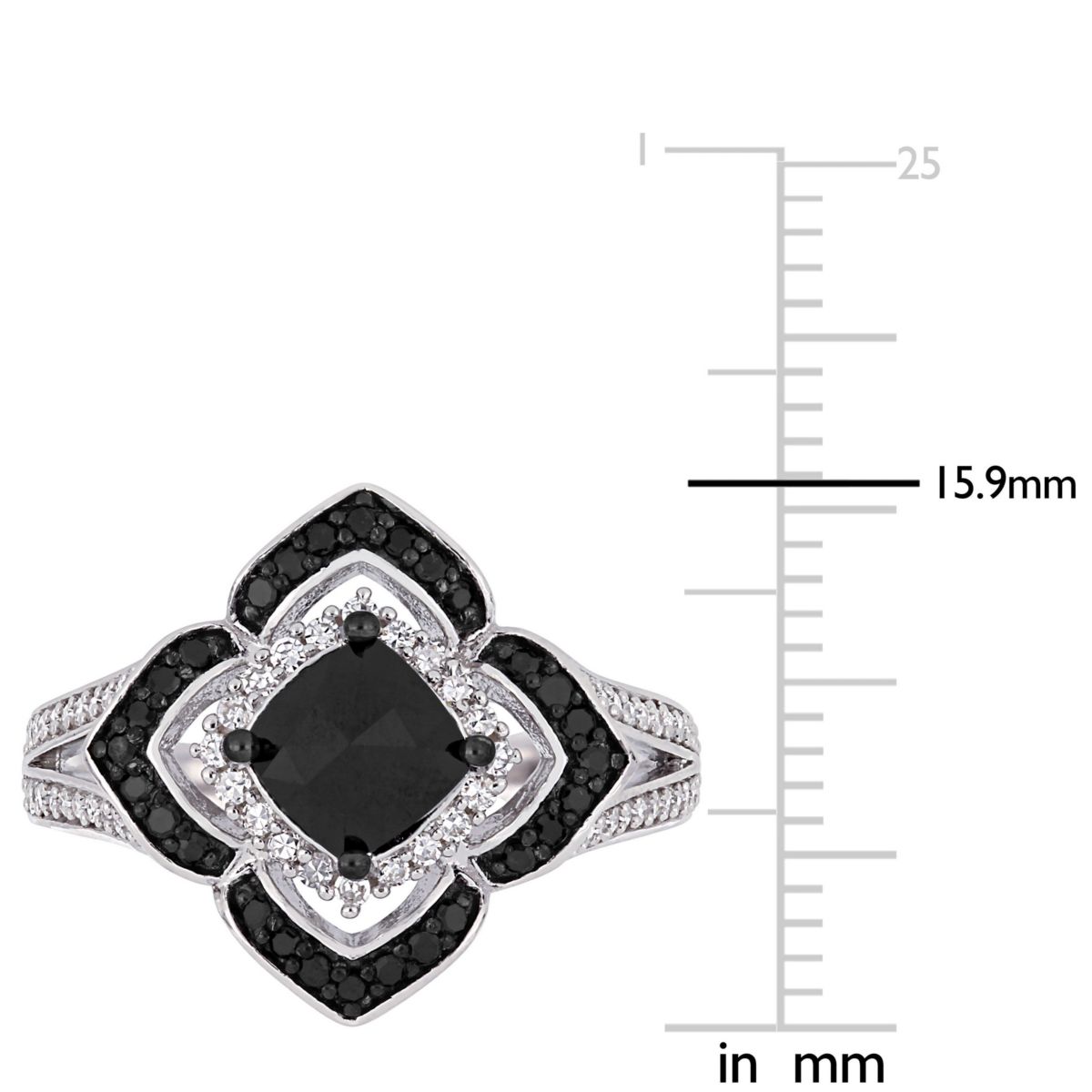 1.4 CT TW Black and White Diamond Halo Ring in Sterling Silver with Black Rhodium Plated