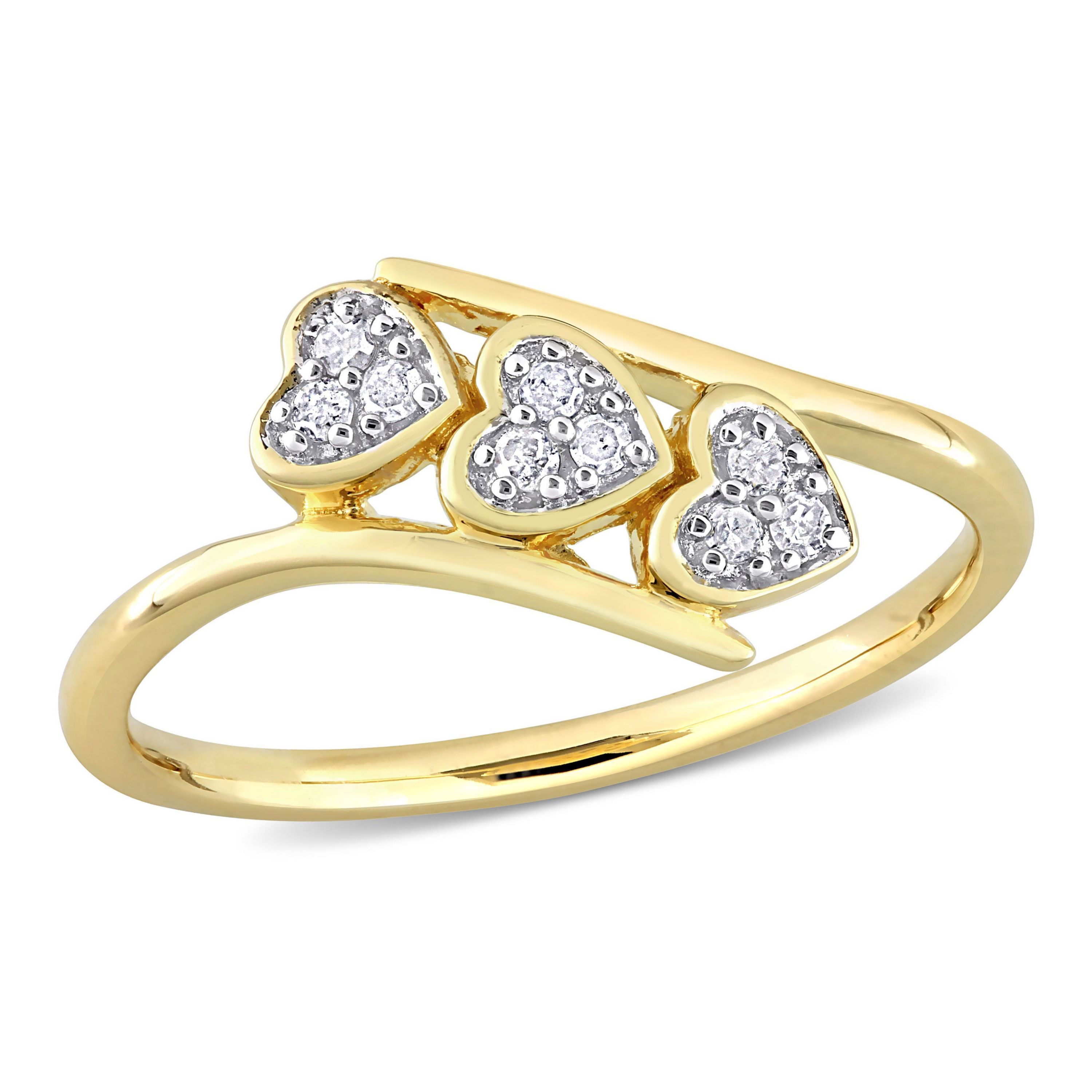 1/10 CT TW Diamond Triple Heart Bypass Promise Ring in Yellow Plated Sterling Silver