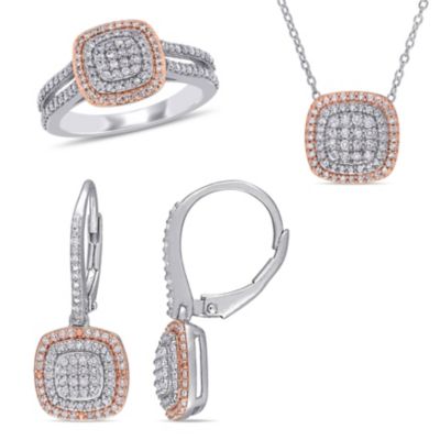 Belk & Co 3-Piece Set 1.5 Ct Tw Diamond Halo Cluster Grid Earrings, Necklace And Ring In 2-Tone Sterling Silver, White, 8 -  0075000267685