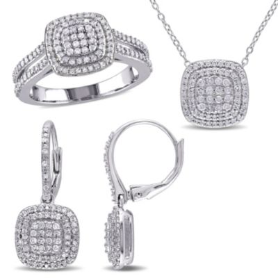Belk & Co 3-Piece Set 1.5 Ct Tw Diamond Halo Cluster Grid Earrings, Necklace And Ring In Sterling Silver, White, 8 -  0075000195414