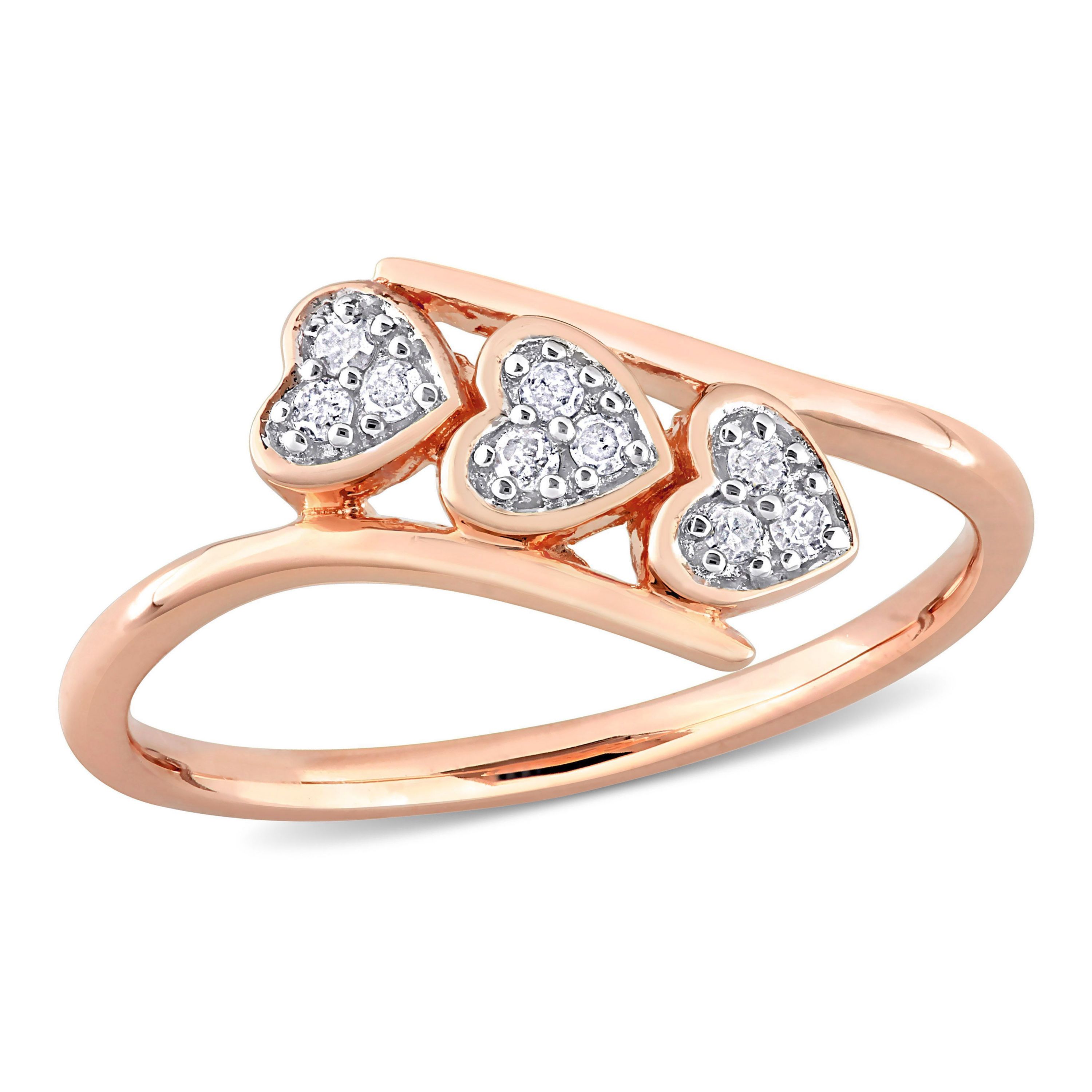 1/10 CT TW Diamond Triple Heart Bypass Promise Ring in Rose Plated Sterling Silver