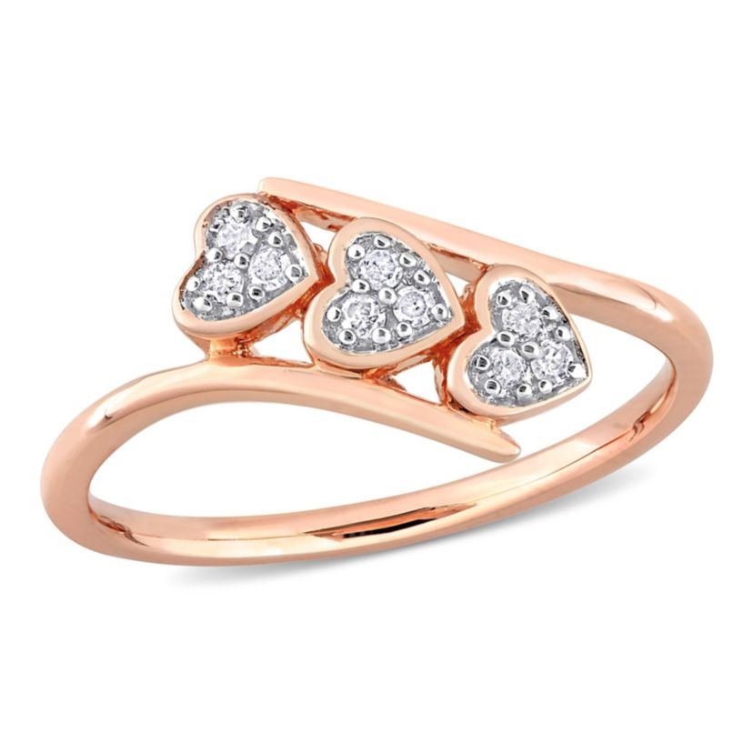 1/10 CT TW Diamond Triple Heart Bypass Promise Ring in Rose Plated Sterling Silver
