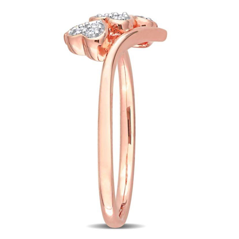 1/10 CT TW Diamond Triple Heart Bypass Promise Ring in Rose Plated Sterling Silver