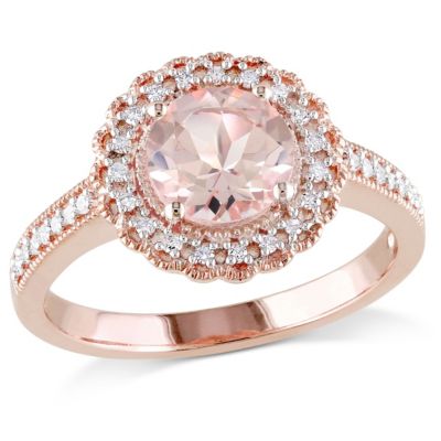 Belk & Co Morganite and 1/8 ct. t.w. Diamond Floral Halo Ring in Rose Plated Sterling Silver, Pink, 6