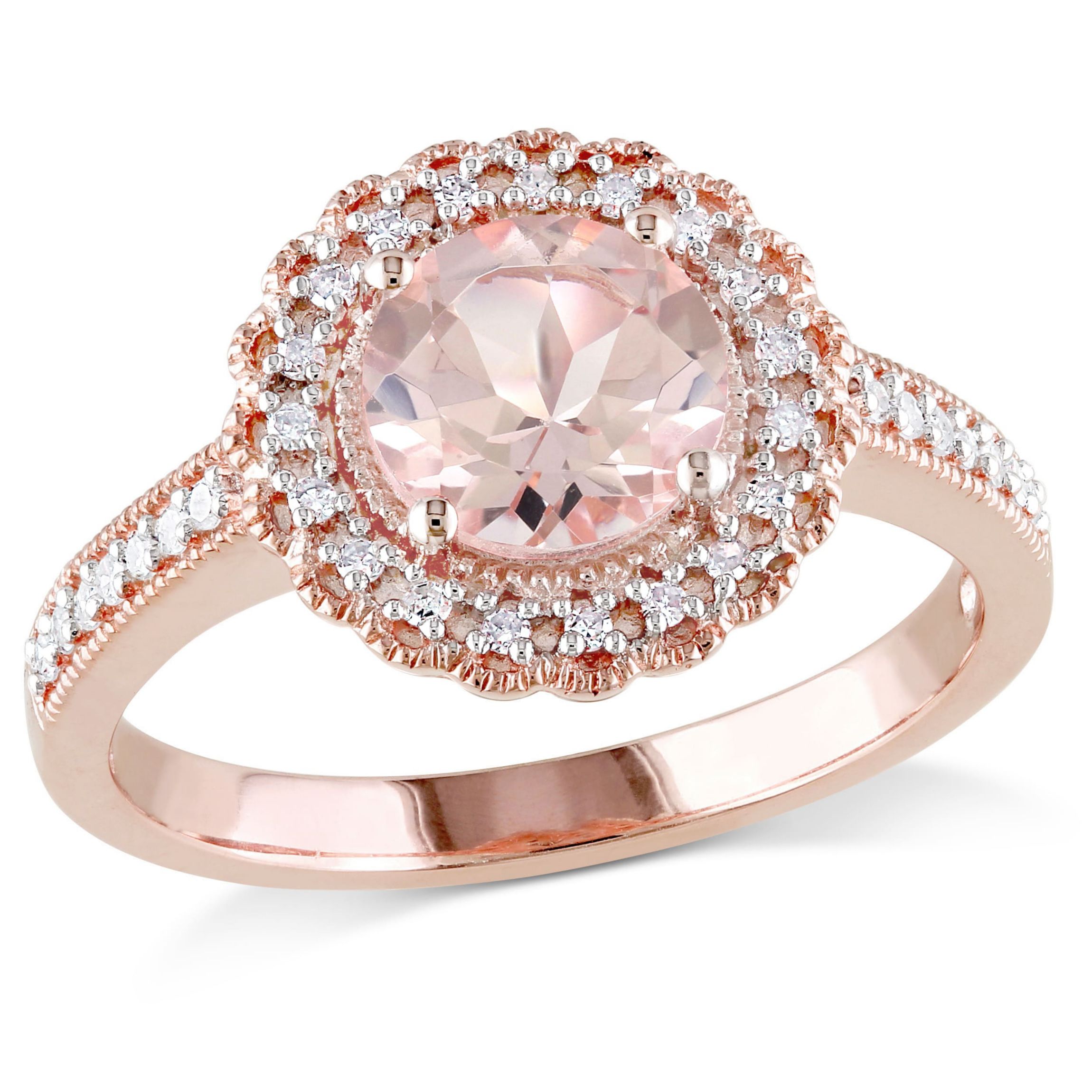 Morganite and 1/8 ct. t.w. Diamond Floral Halo Ring in Rose Plated Sterling Silver