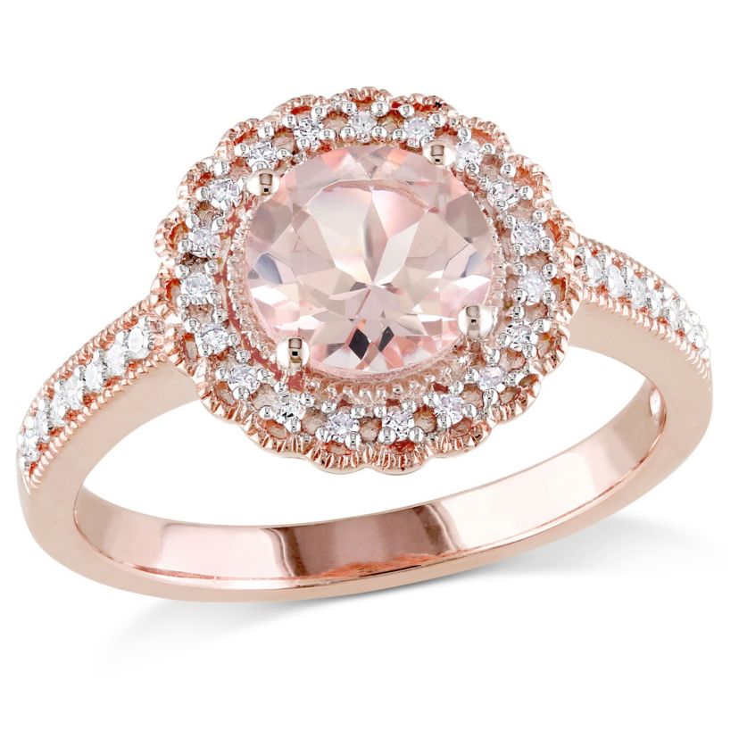 Morganite and 1/8 ct. t.w. Diamond Floral Halo Ring in Rose Plated Sterling Silver