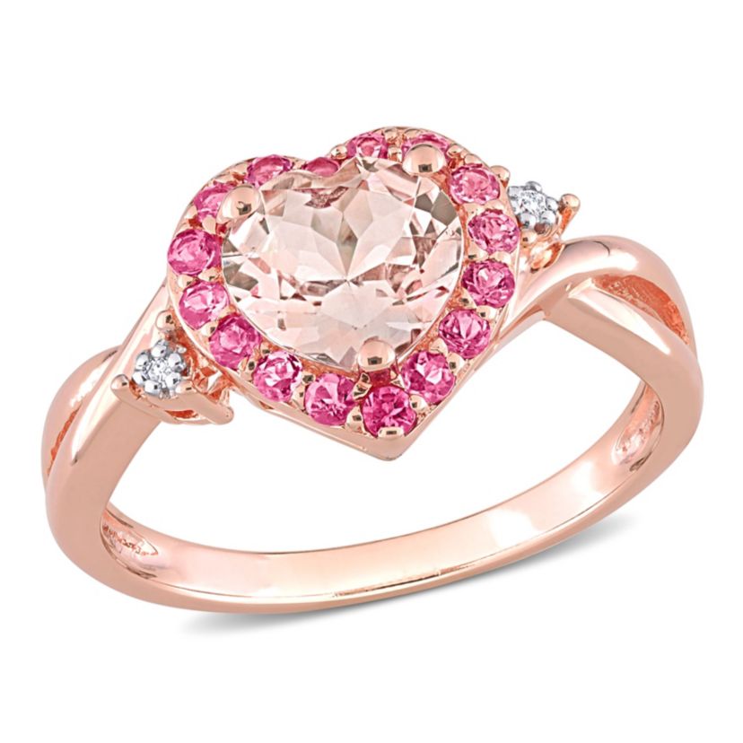 Morganite and Pink Tourmaline with Diamond Accent Halo Ring in Rose Plated Sterling Silver