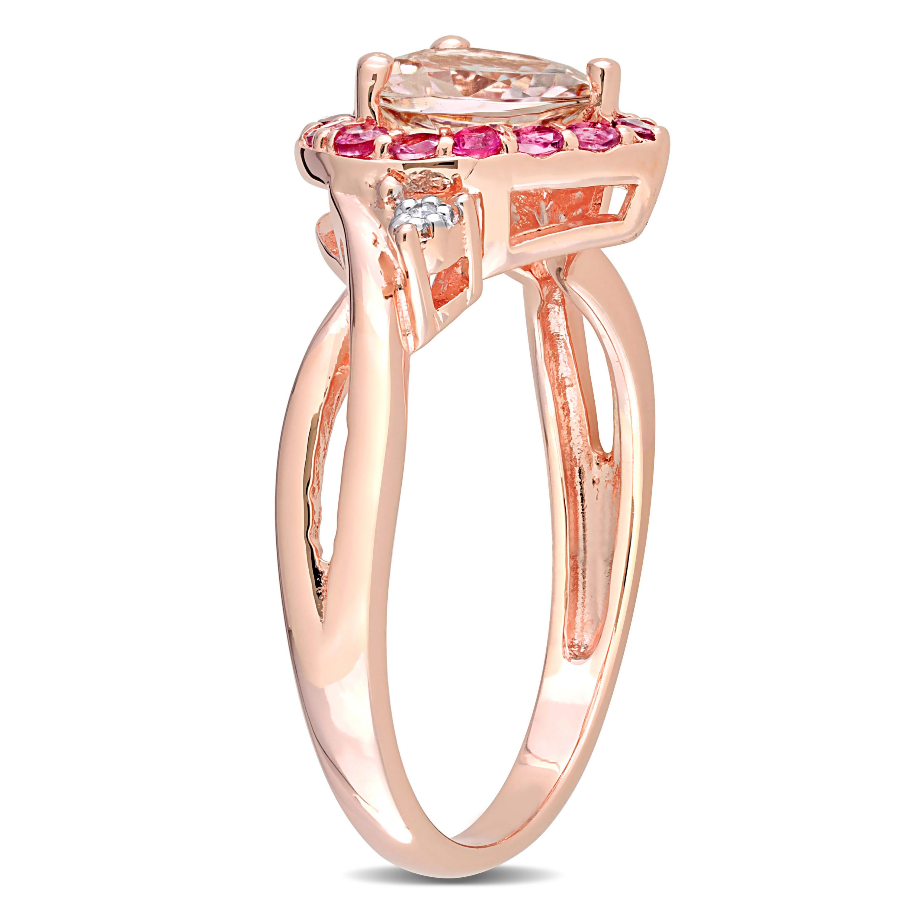 Morganite and Pink Tourmaline with Diamond Accent Halo Ring in Rose Plated Sterling Silver