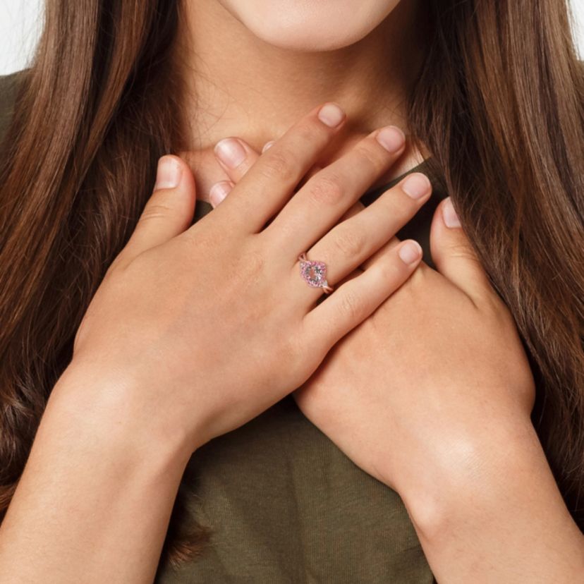 Morganite and Pink Tourmaline with Diamond Accent Halo Ring in Rose Plated Sterling Silver