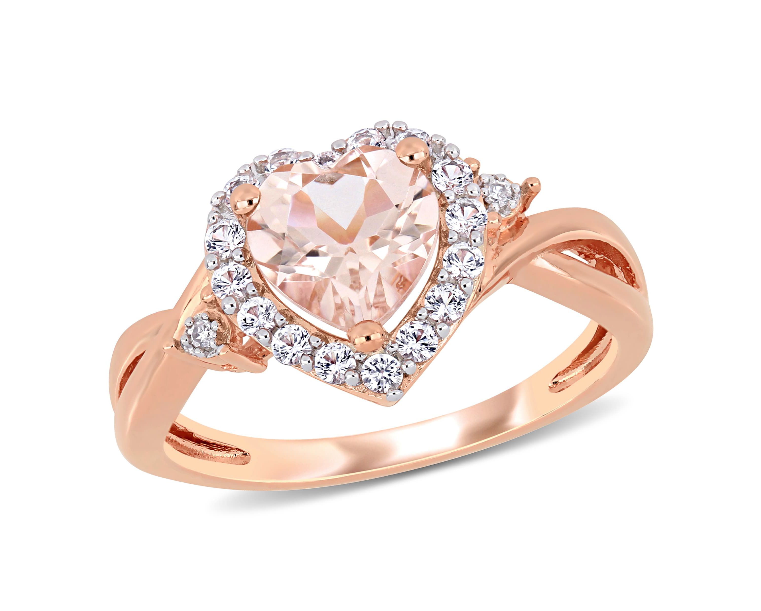 Lab Created Morganite and Created White Sapphire with Diamond Accent Halo Ring in Rose Plated Sterling Silver