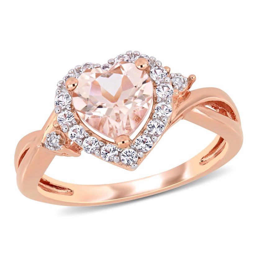 Lab Created Morganite and Created White Sapphire with Diamond Accent Halo Ring in Rose Plated Sterling Silver