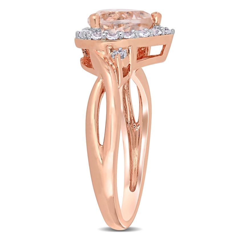 Lab Created Morganite and Created White Sapphire with Diamond Accent Halo Ring in Rose Plated Sterling Silver