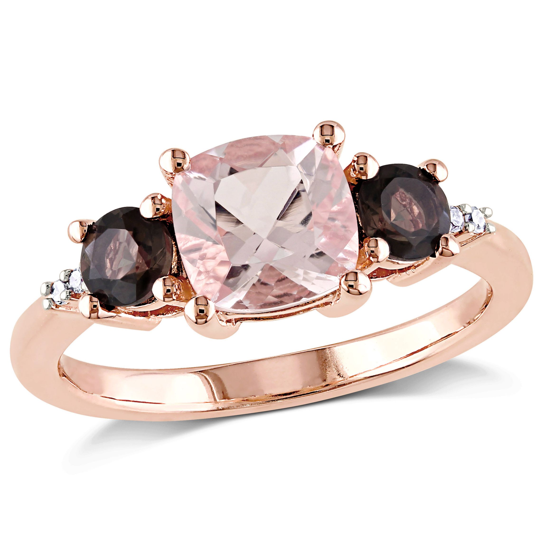 Morganite and Smokey Quartz with Diamond Accent 3-Stone Ring in Rose Plated Sterling Silver