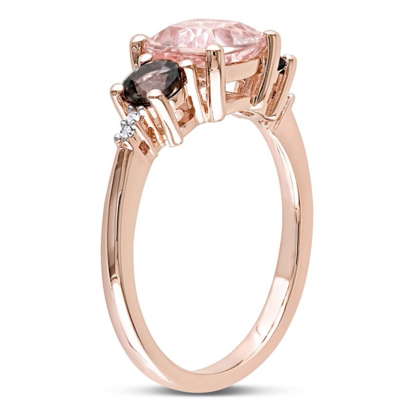 Morganite and Smokey Quartz with Diamond Accent 3-Stone Ring in Rose Plated Sterling Silver