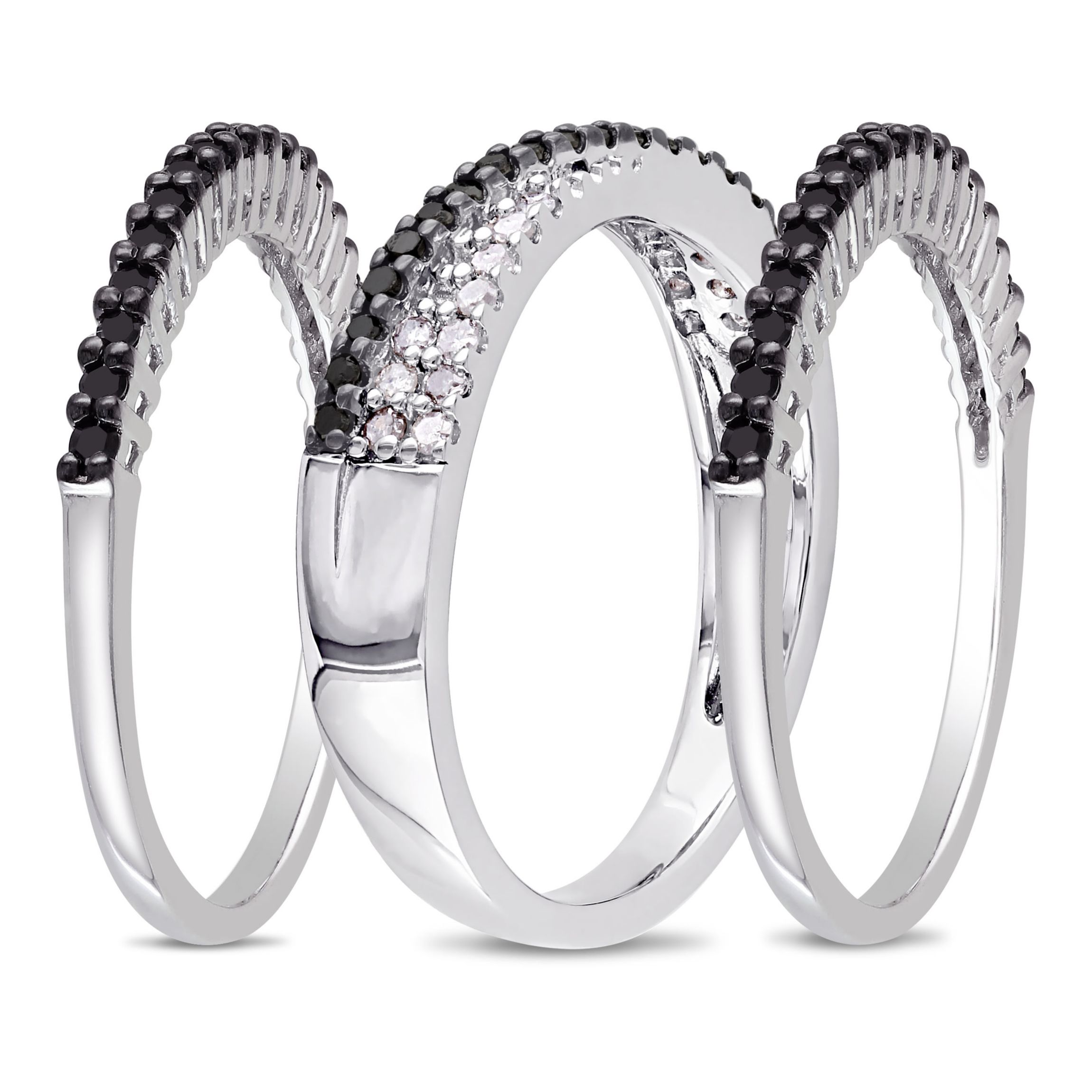 5/8 ct. t.w. Black and White Diamond Crossover Anniversary Ring Set in Sterling Silver