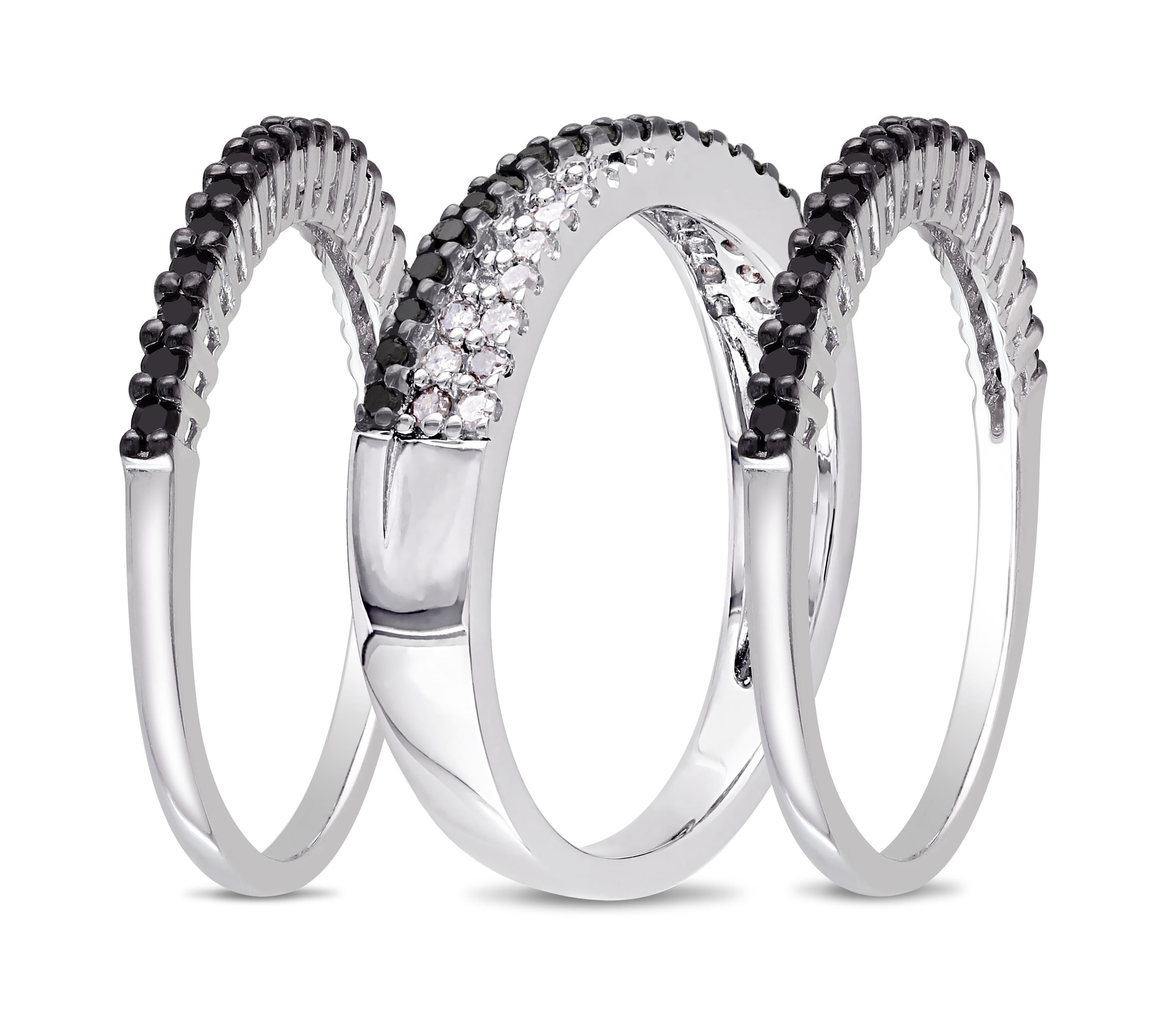 5/8 ct. t.w. Black and White Diamond Crossover Anniversary Ring Set in Sterling Silver
