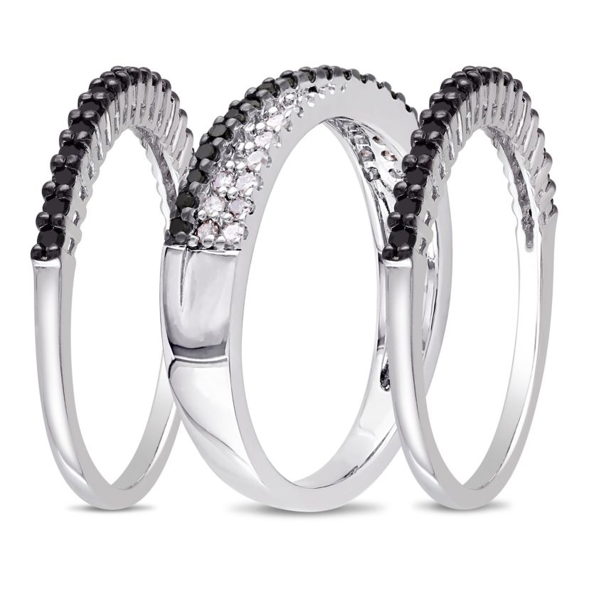 5/8 ct. t.w. Black and White Diamond Crossover Anniversary Ring Set in Sterling Silver