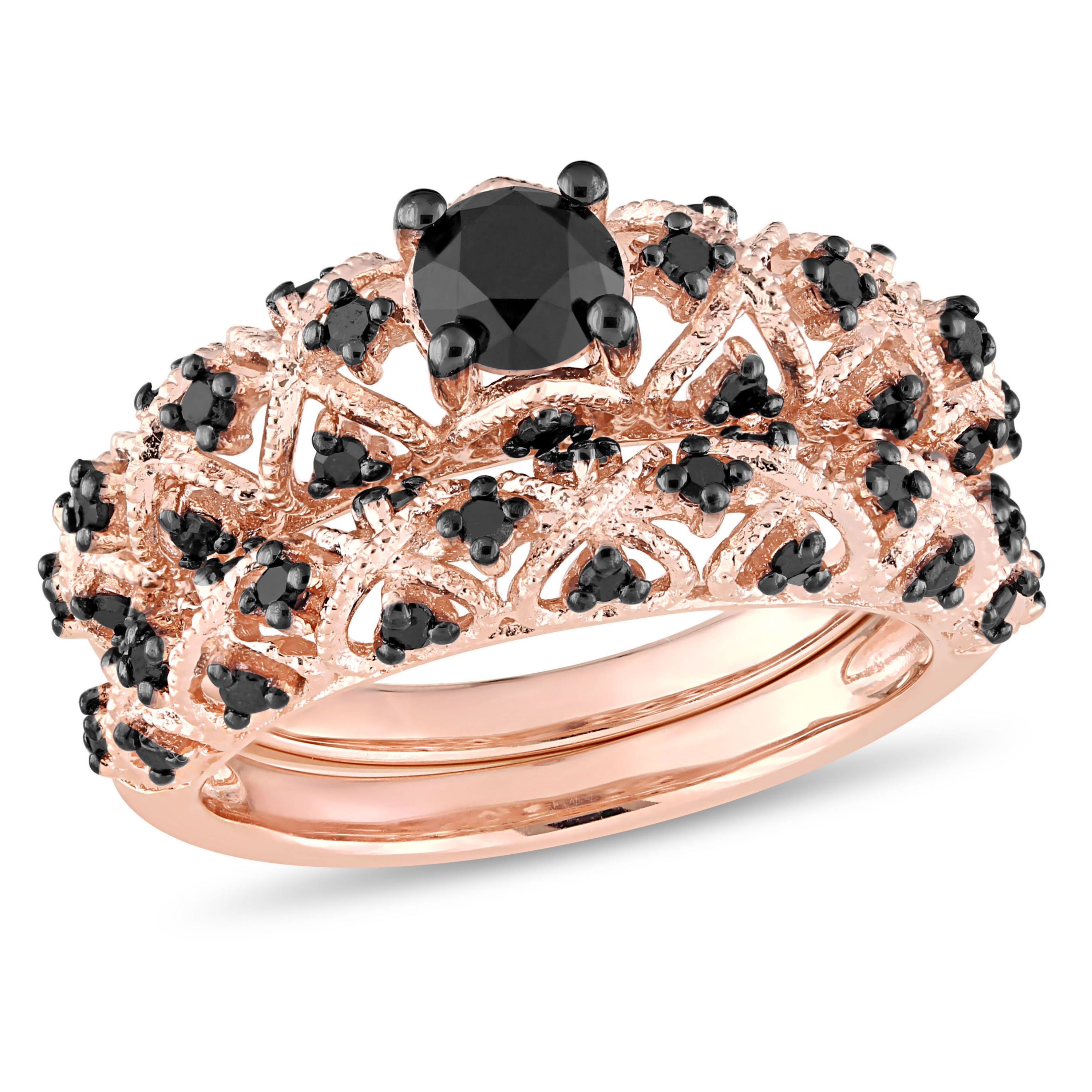 1 ct. t.w. Black Diamond Vintage Bridal Ring Set in Rose Plated Sterling Silver
