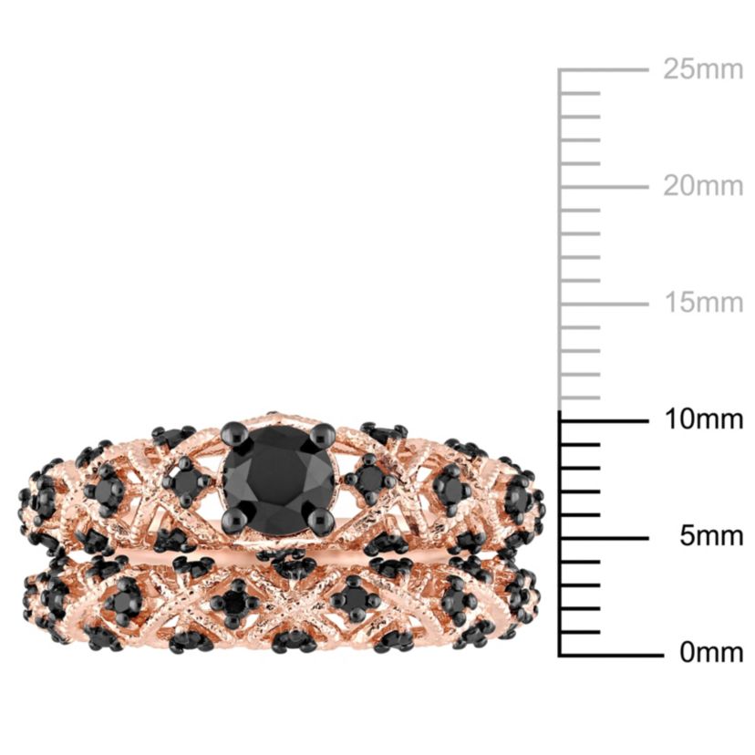 1 ct. t.w. Black Diamond Vintage Bridal Ring Set in Rose Plated Sterling Silver