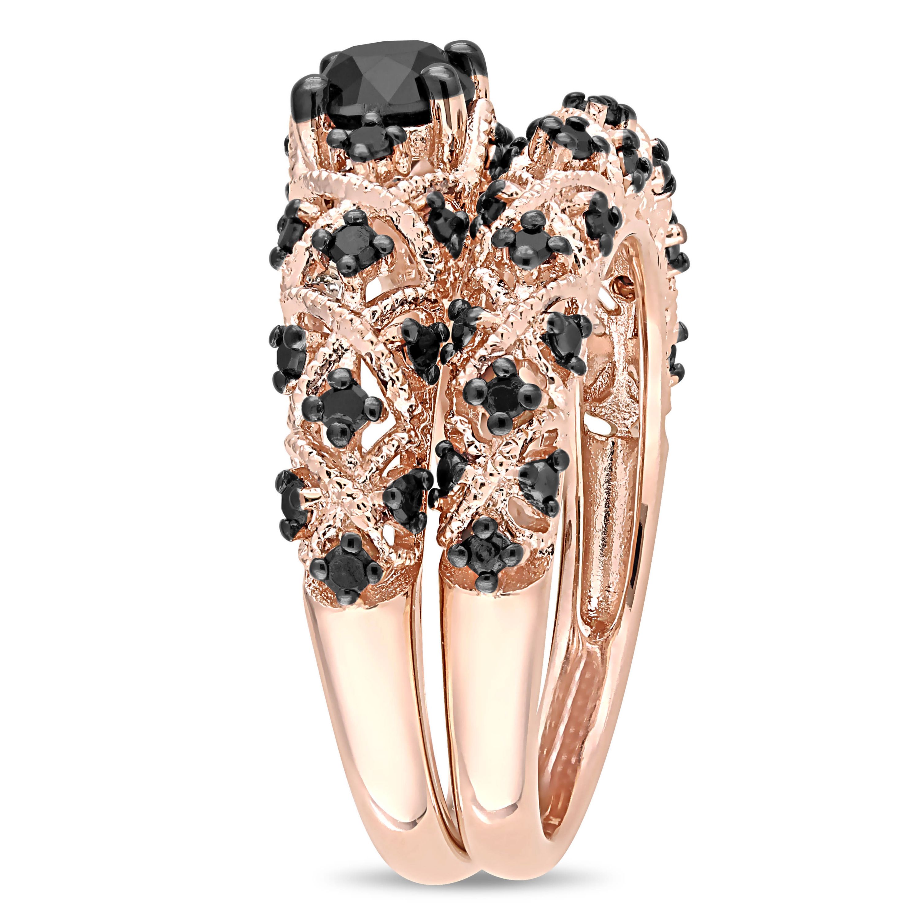 1 ct. t.w. Black Diamond Vintage Bridal Ring Set in Rose Plated Sterling Silver