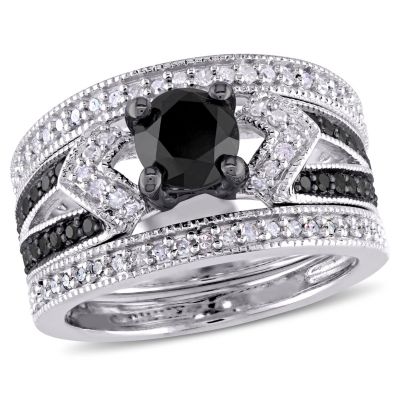 Belk & Co 1.25 ct. t.w. Black and White Diamond Split Shank Bridal Ring Set in Sterling Silver with Black Rhodium Plated, 7