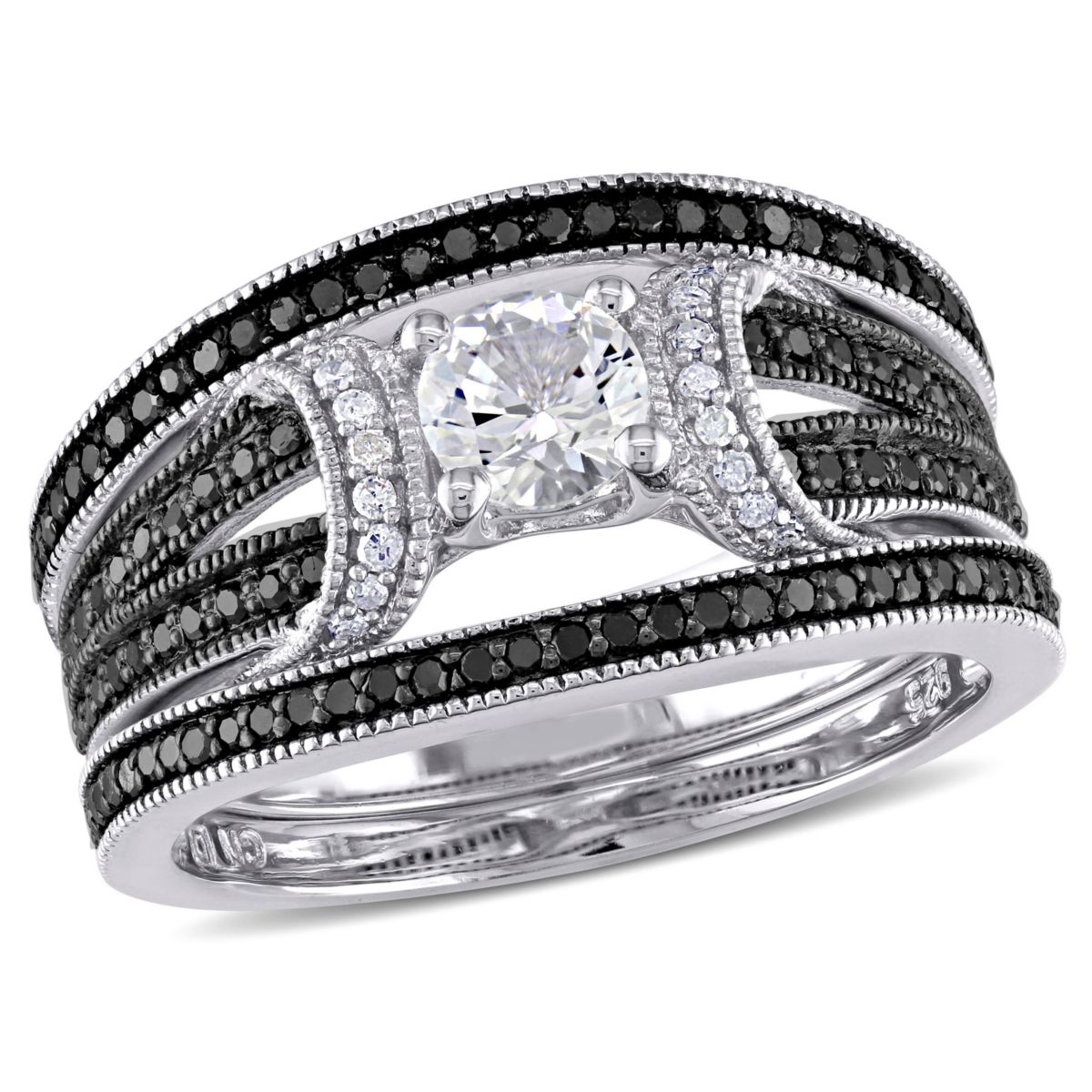 Lab Created 1/2 ct. t.w. Black and White Diamond with Created White Sapphire Bridal Ring Set in Sterling Silver with Black Rhodium Plated