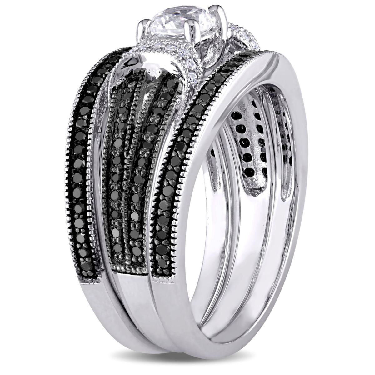 Lab Created 1/2 ct. t.w. Black and White Diamond with Created White Sapphire Bridal Ring Set in Sterling Silver with Black Rhodium Plated