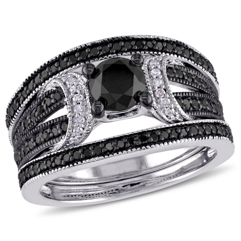 1.27 ct. t.w. Black Diamond Split Shank Bridal Ring Set in Sterling Silver with Black Rhodium Plated