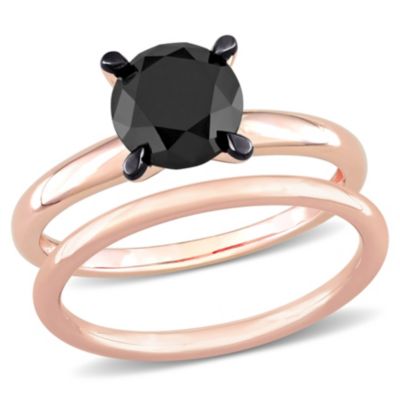 2 ct. t.w. Black Diamond Solitaire Bridal Ring Set 14K Rose Gold with Rhodium Plated