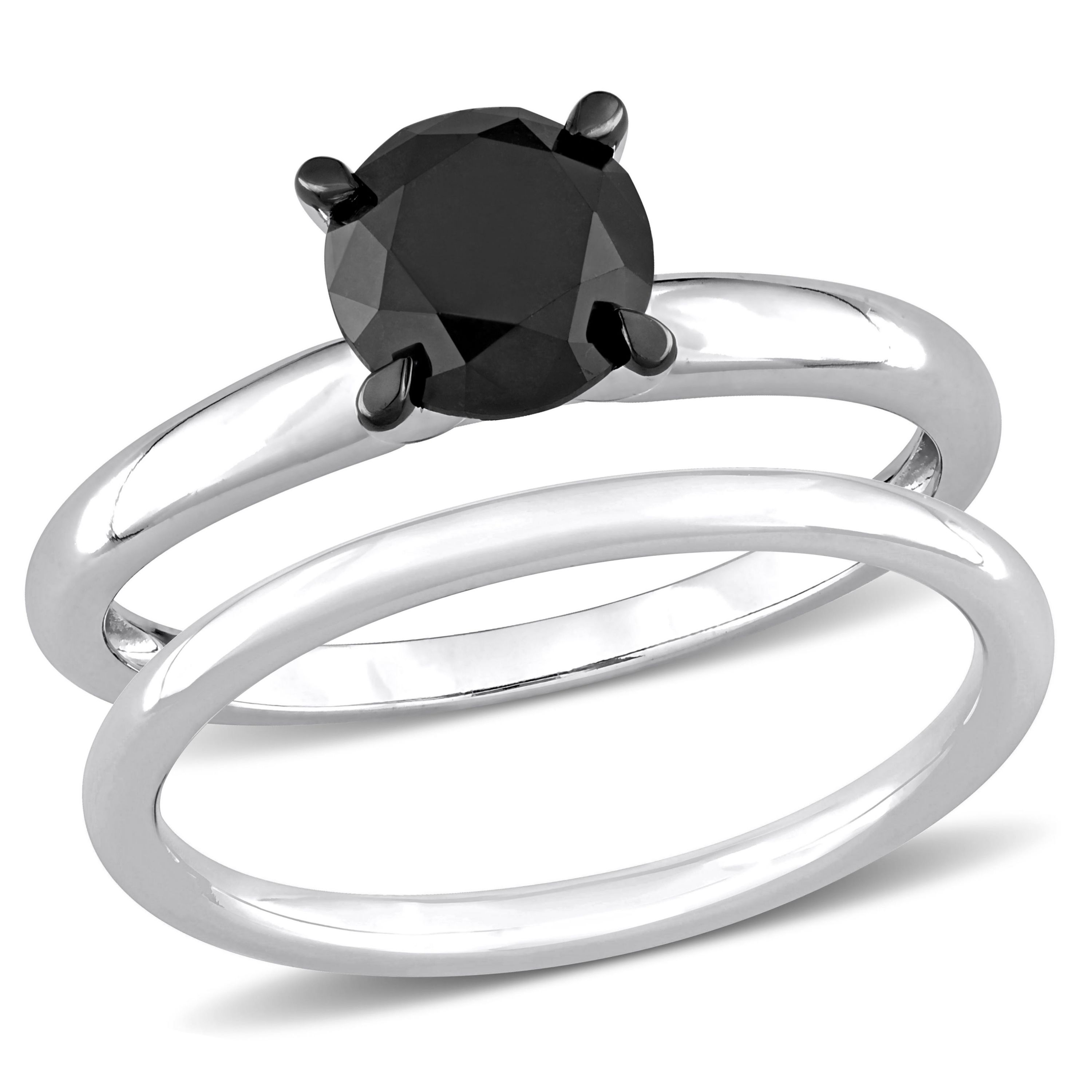 1.5 ct. t.w. Black Diamond Solitaire Bridal Ring Set in 14K White Gold with Black Rhodium Plated