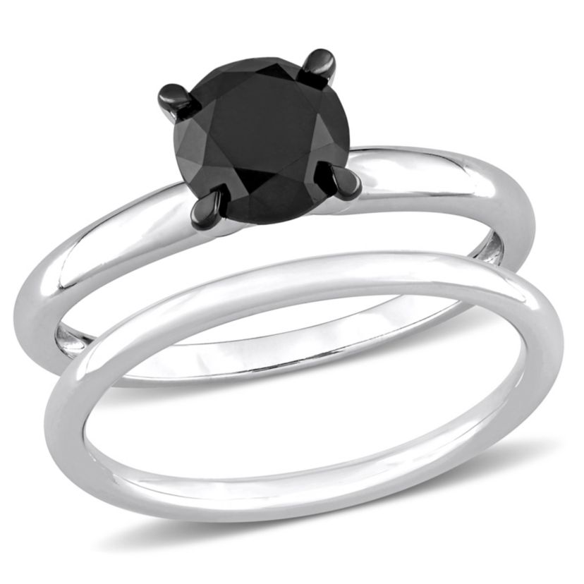 1.5 ct. t.w. Black Diamond Solitaire Bridal Ring Set in 14K White Gold with Black Rhodium Plated