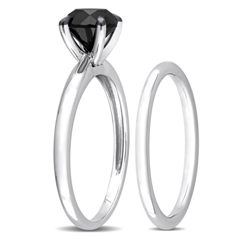 1.5 ct. t.w. Black Diamond Solitaire Bridal Ring Set in 14K White Gold with Black Rhodium Plated
