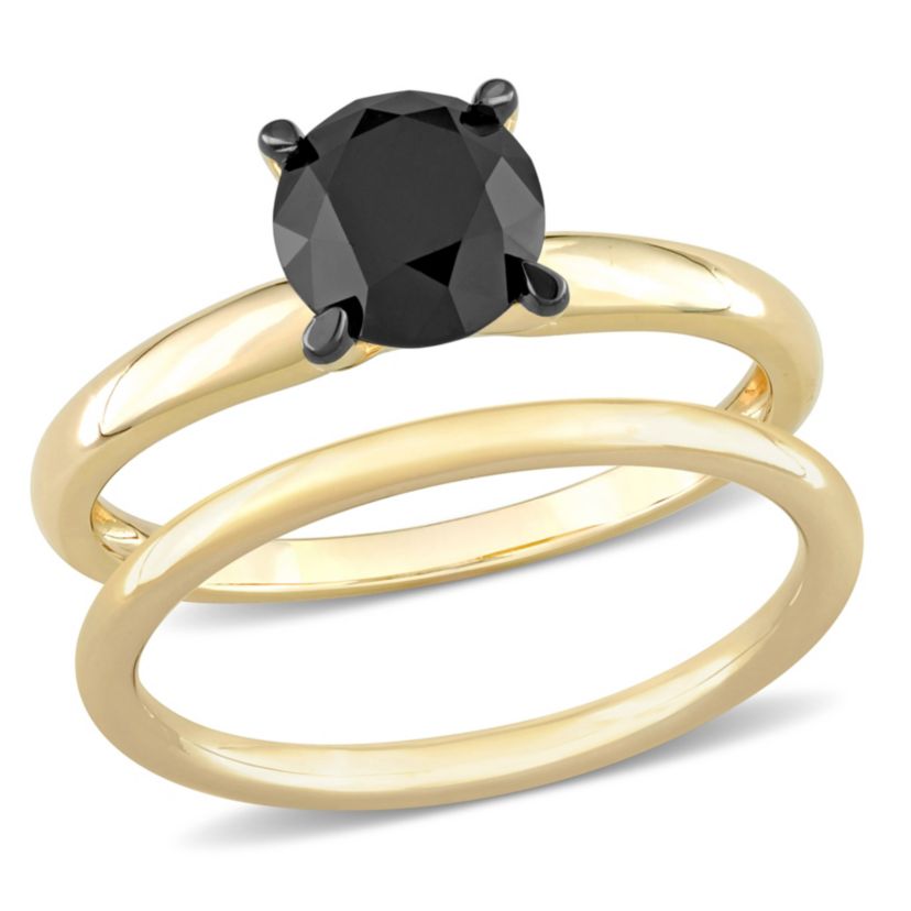 1.5 ct. t.w. Black Diamond Solitaire Bridal Ring Set in 14K Yellow Gold with Black Rhodium Plated