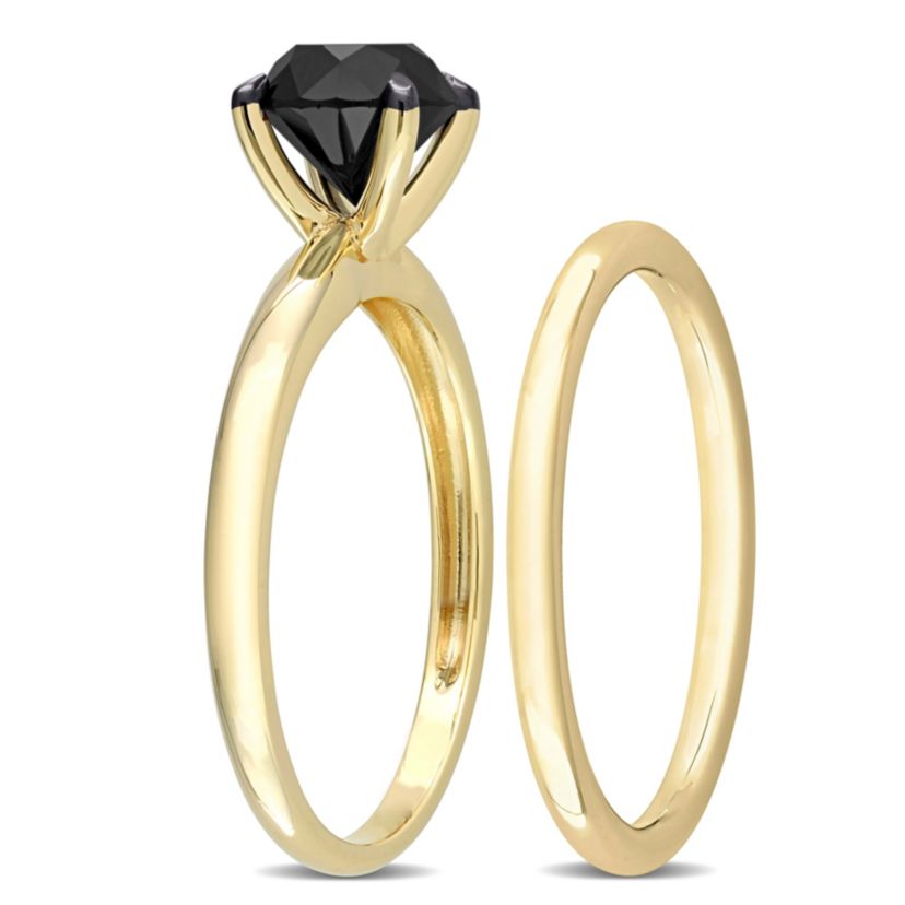 1.5 ct. t.w. Black Diamond Solitaire Bridal Ring Set in 14K Yellow Gold with Black Rhodium Plated
