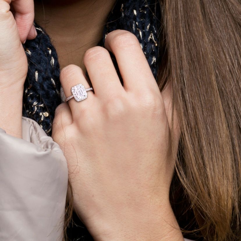 Lab Created Created Moissanite Halo Ring in Sterling Silver