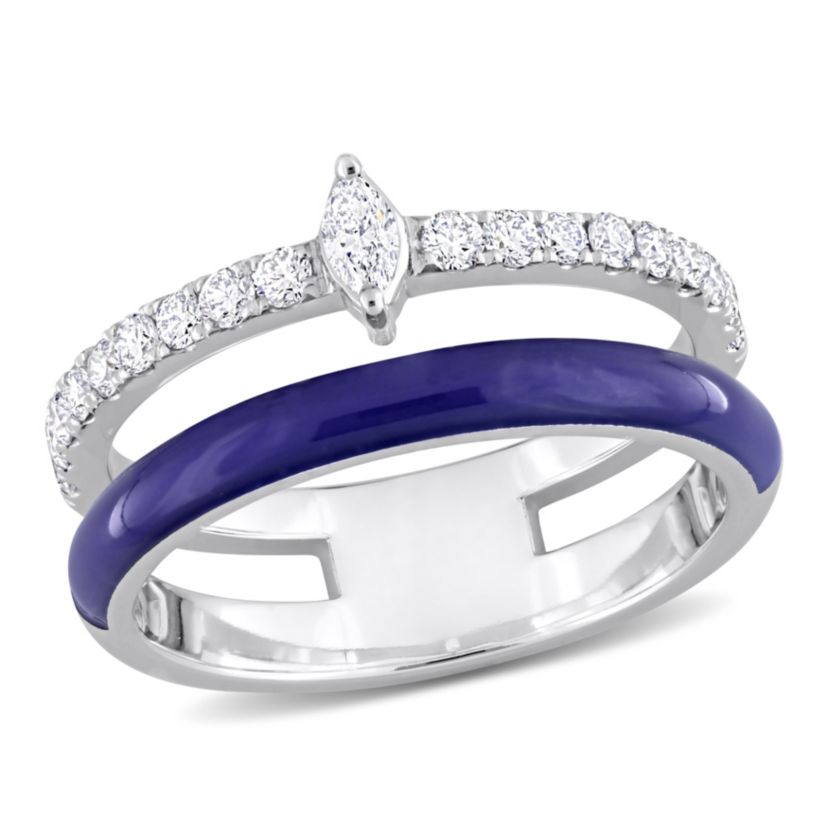 2/5 ct. t.w. Diamond with Blue Enamel Double Row Ring in 14K White Gold