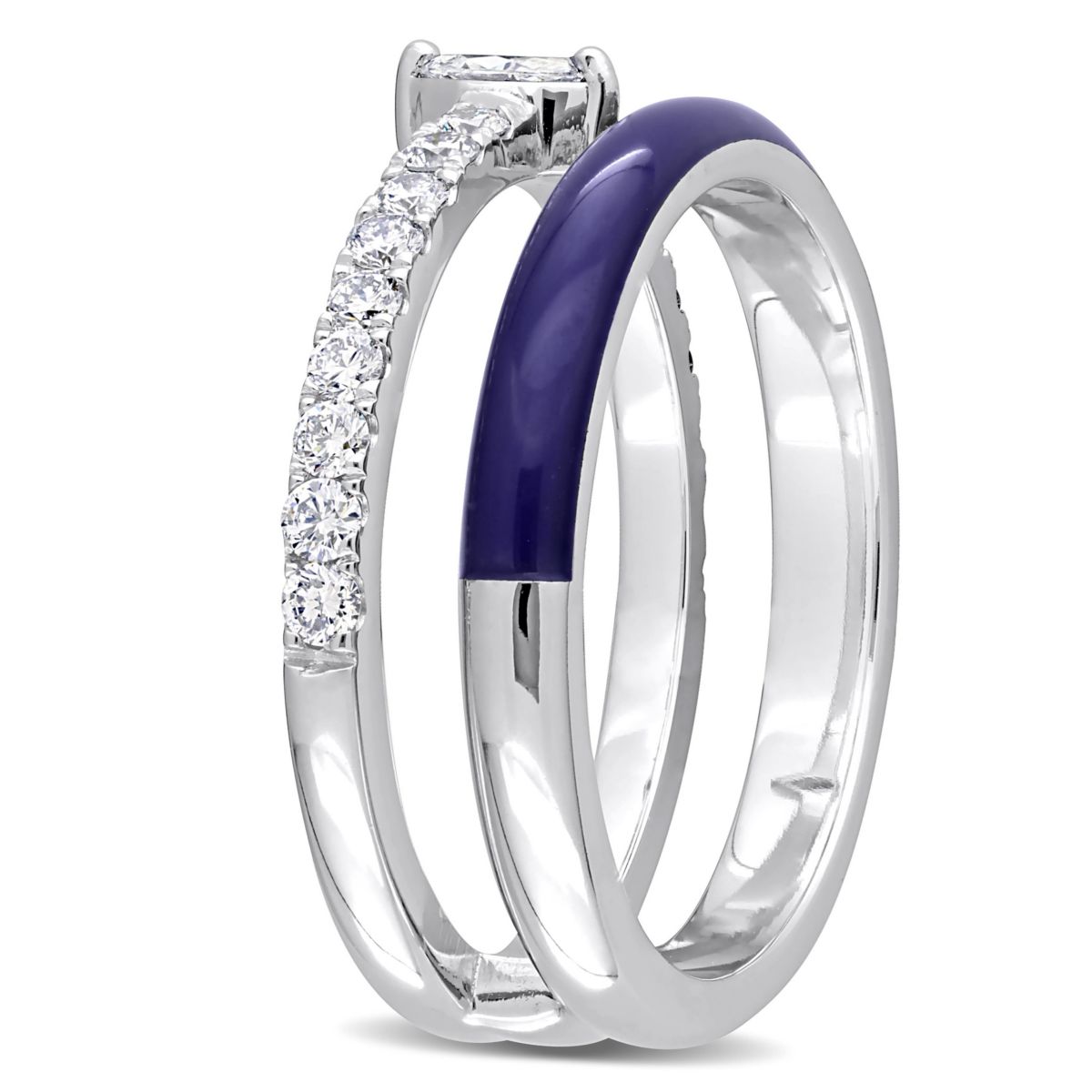 2/5 ct. t.w. Diamond with Blue Enamel Double Row Ring in 14K White Gold