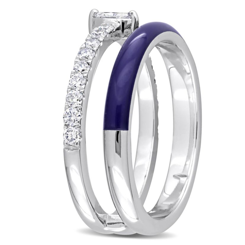 2/5 ct. t.w. Diamond with Blue Enamel Double Row Ring in 14K White Gold