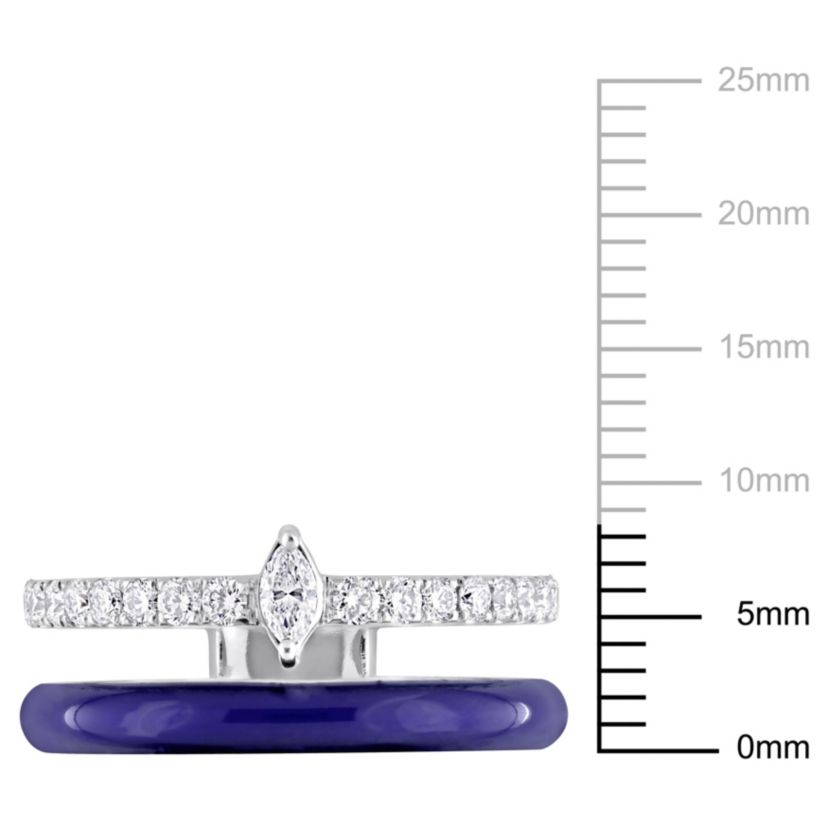 2/5 ct. t.w. Diamond with Blue Enamel Double Row Ring in 14K White Gold