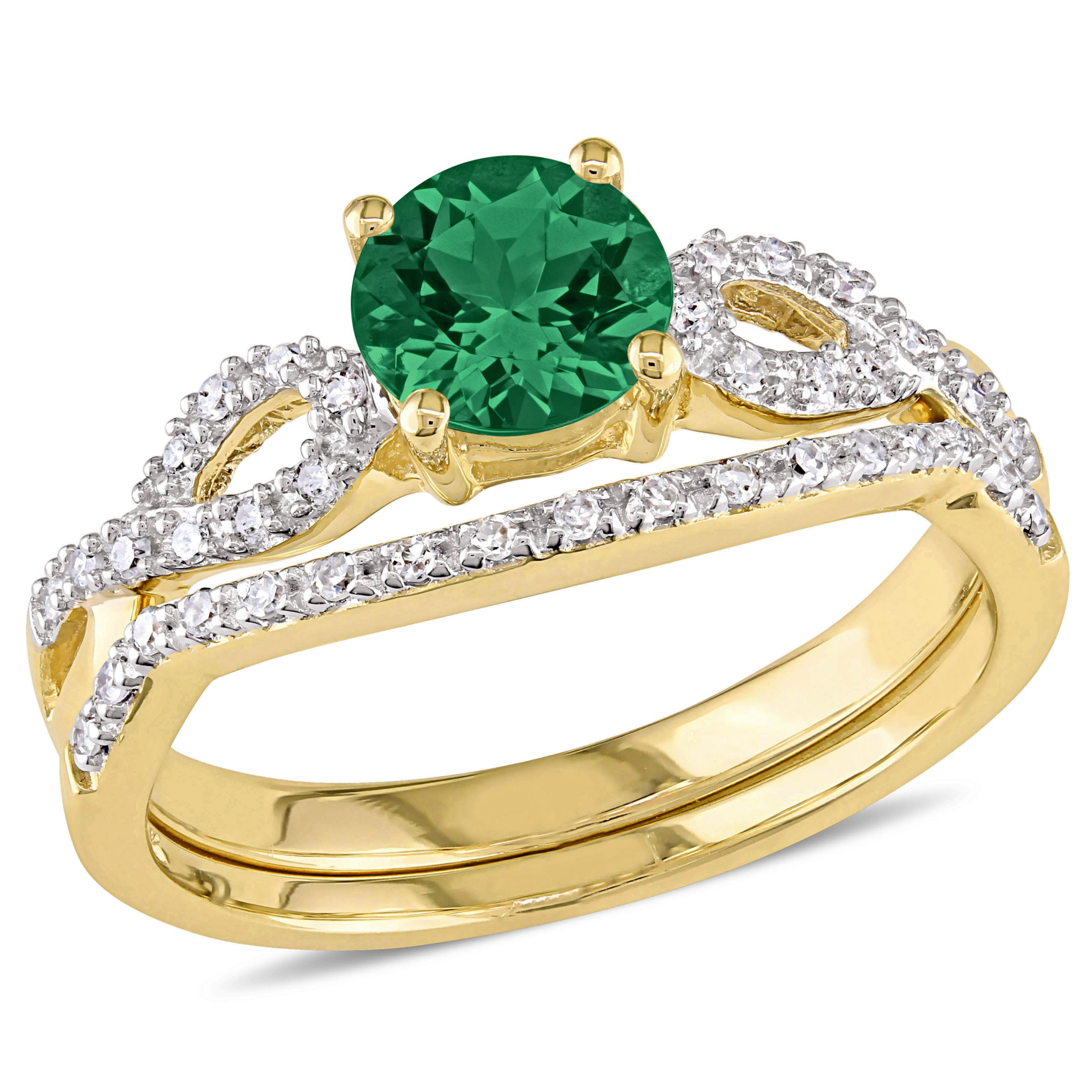 Lab Created Created Emerald and 1/7 ct. t.w. Diamond Vintage Bridal Ring set in 10K Yellow Gold