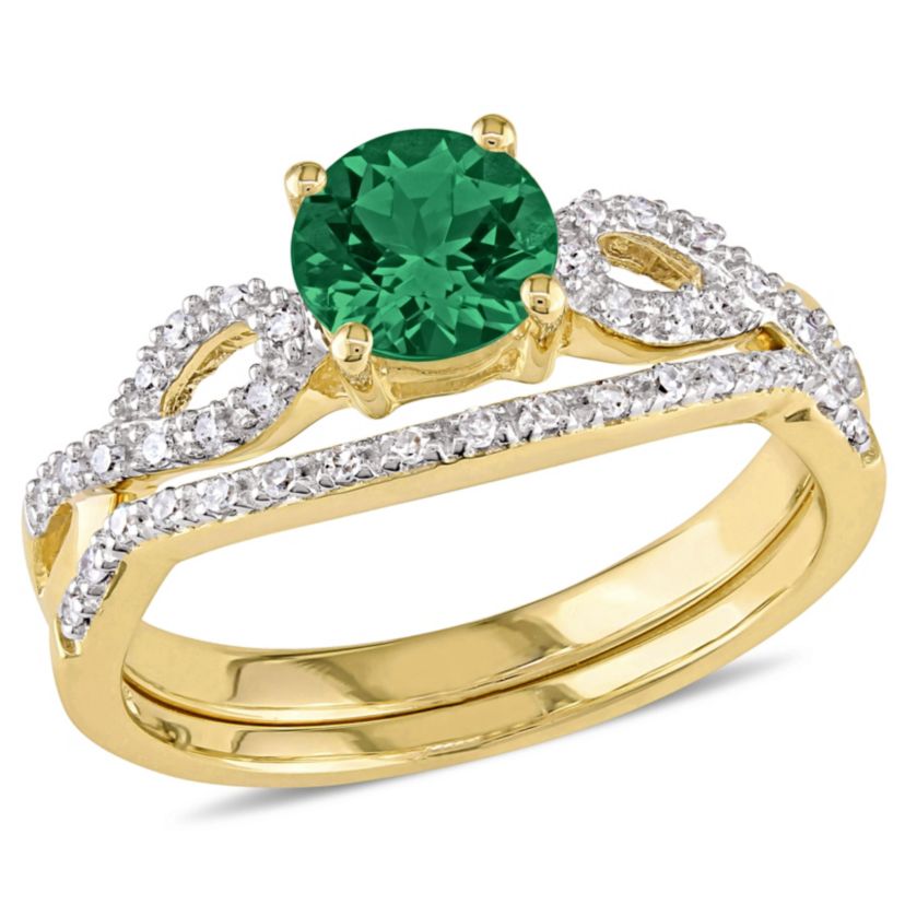 Lab Created Created Emerald and 1/7 ct. t.w. Diamond Vintage Bridal Ring set in 10K Yellow Gold