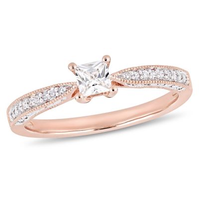 Belk & Co Lab Created White Sapphire and Diamond Engagement Ring in Rose Plated Sterling Silver, Pink, 6