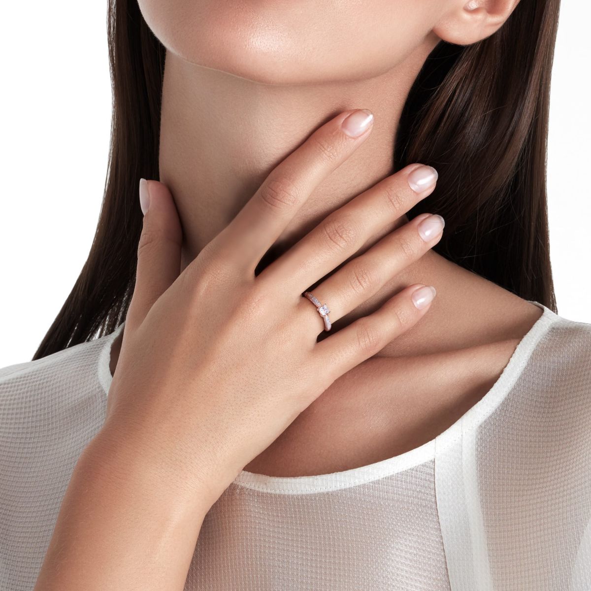 Lab Created Created White Sapphire and Diamond Engagement Ring in Rose Plated Sterling Silver