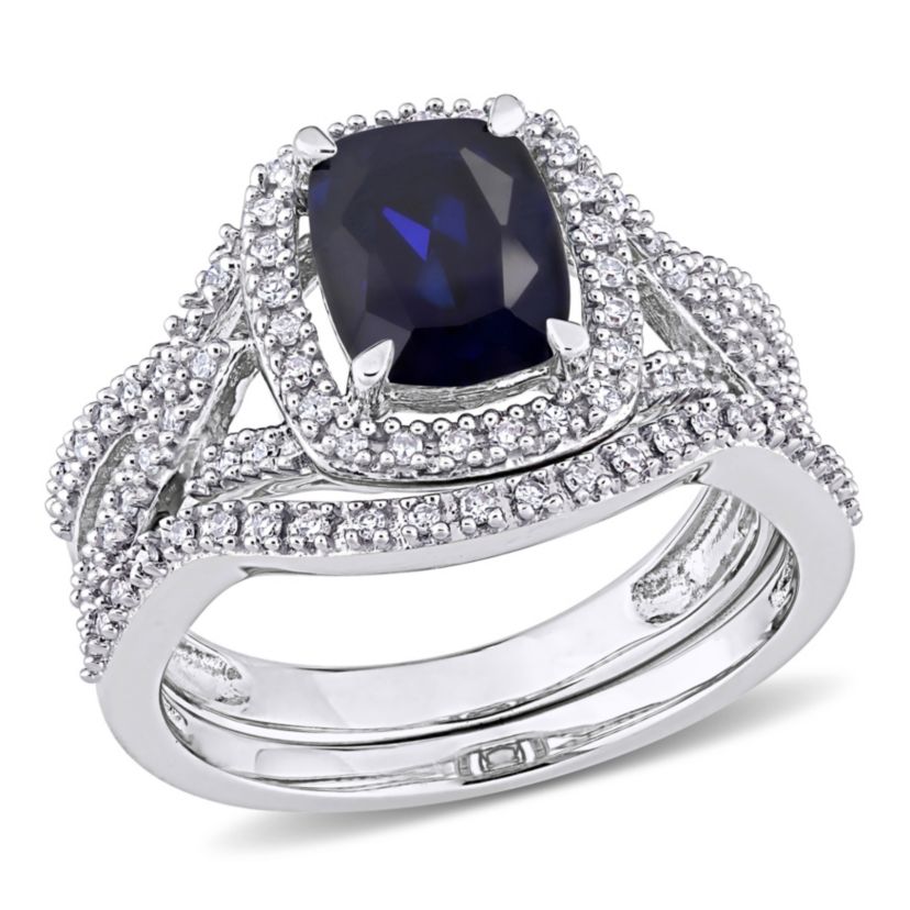 Lab Created Created Blue Sapphire and 1/4 ct. t.w. Diamond Bridal Ring Set in 10K White Gold