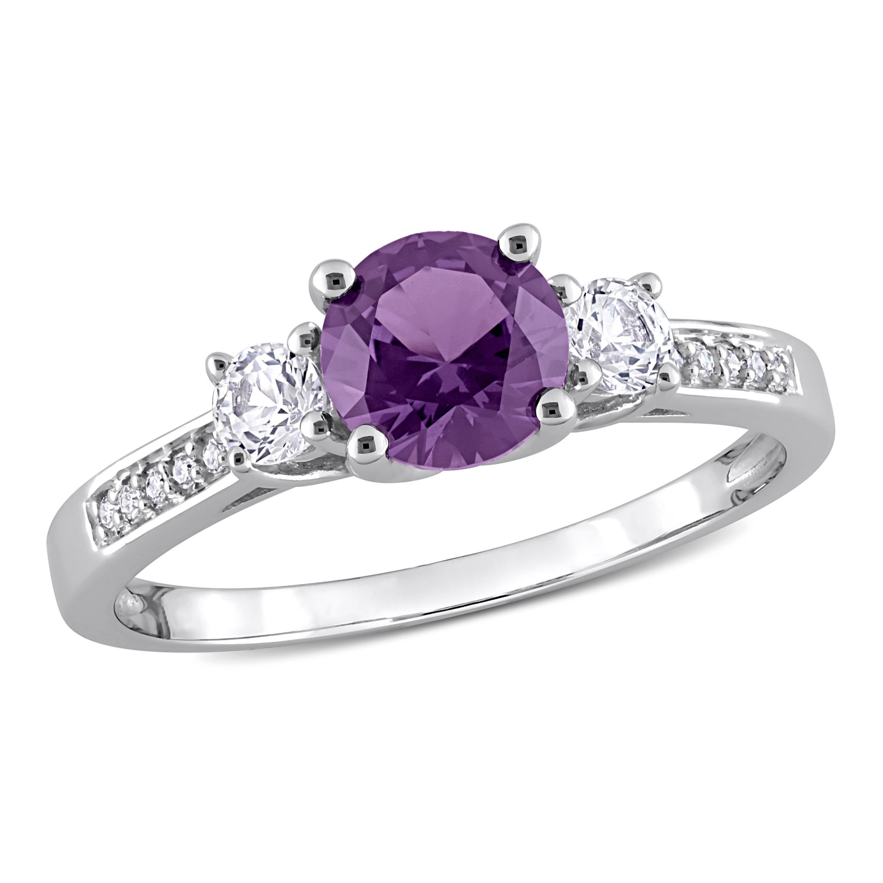 Lab Created Simulated Alexandrite and Created White Sapphire with Diamond Accent 3-Stone Engagement Ring in 10K White Gold